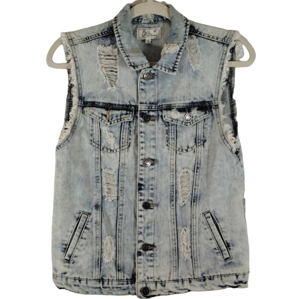 A Chiqle Denim Architect Light Acid Wash Distressed Ripped Denim Jean Vest S